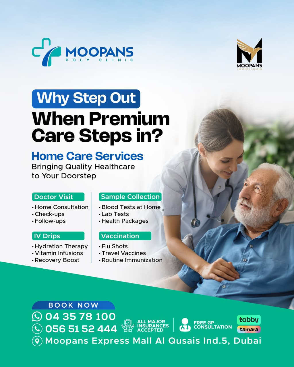 Moopans home care guide listing doctor visits, home sample collection, IV services and vaccinations